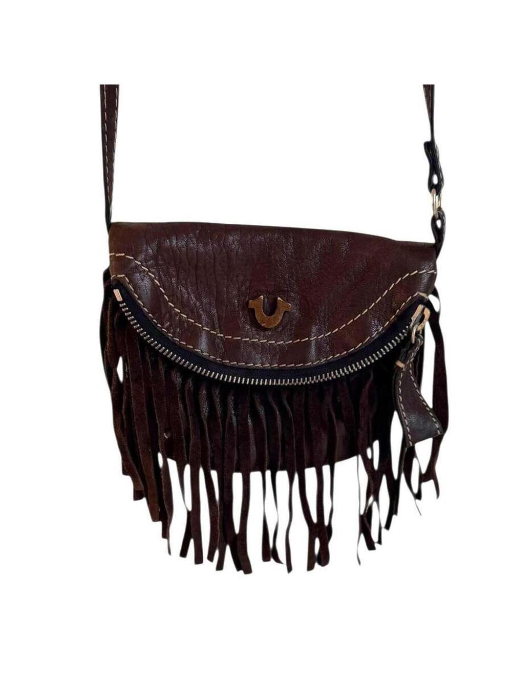 True Religion Brown Leather Boho Crossbody Purse With Fringe Detail
